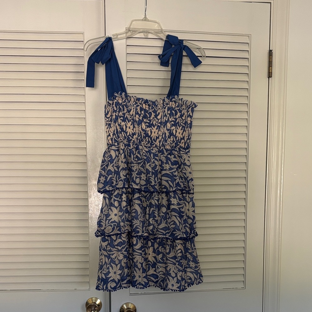 TCEC Blue and White Floral Tie-Shoulder Tiered Dress